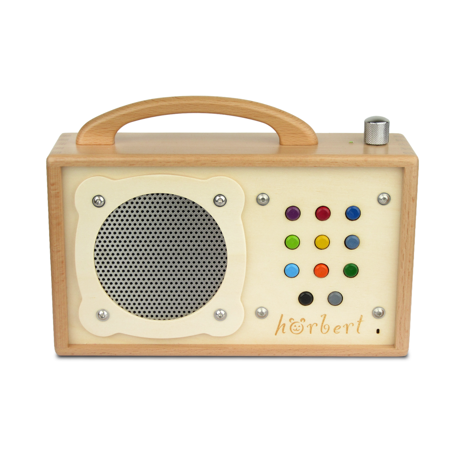 hörbert from diagonally above. You can see on the front 11 buttons and the opening for the built-in microphone, and on the top the operating indicator LED