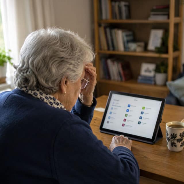 Older woman sitting at a table and looking unsure while using a tablet